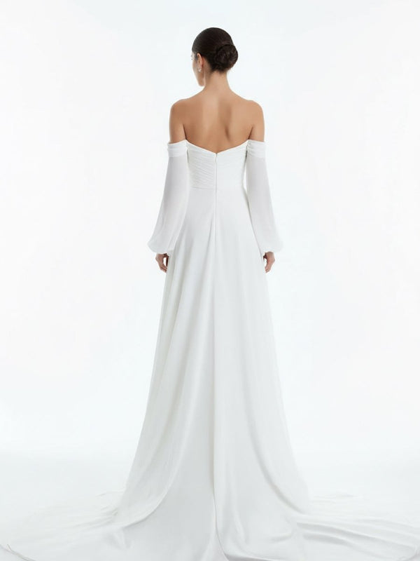 Aisling | A - Line Sweetheart Long Sleeves Chiffon Sweep Train Wedding Dress - KissProm