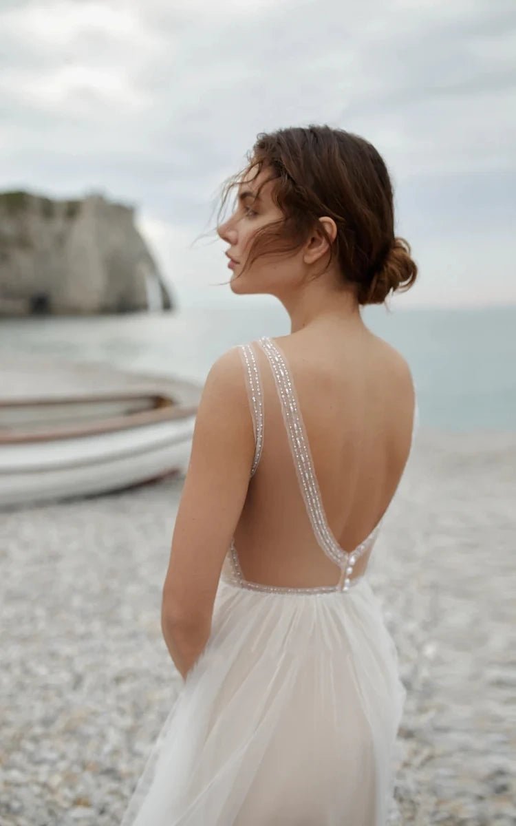 Saskia | A-Line Tulle Gorgeous Deep V-Neck Open Back Double Layers Elegant Floor Length Long Dress With Sequin