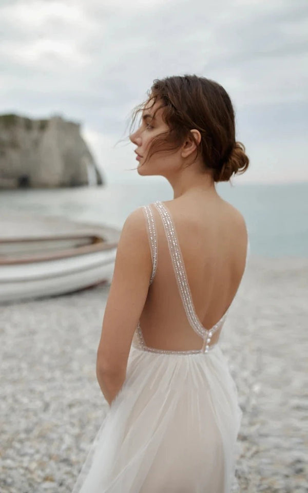 Saskia | A-Line Tulle Gorgeous Deep V-Neck Open Back Double Layers Elegant Floor Length Long Dress With Sequin