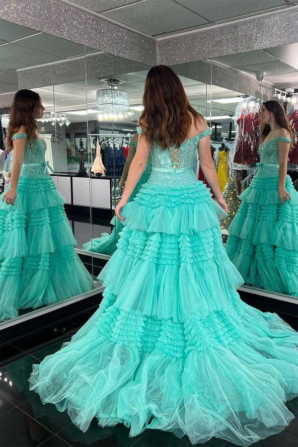 Pink A Line Tulle Ruffles Off the Shoulder Long Prom Dresses with Bow - KissProm