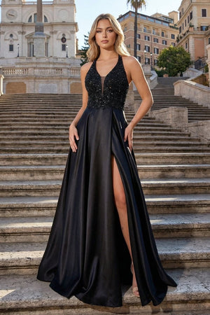 A - Line V - Neck Satin Prom Dress with Slit - KissProm