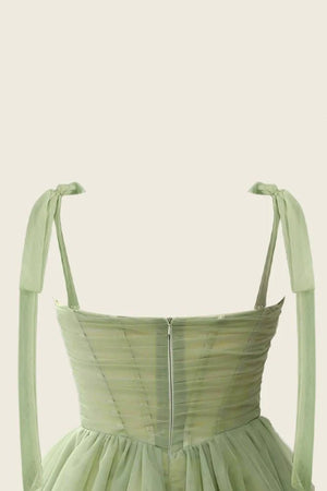 A-Line V-Neck Sage Green Pleated Short Homecoming Dress