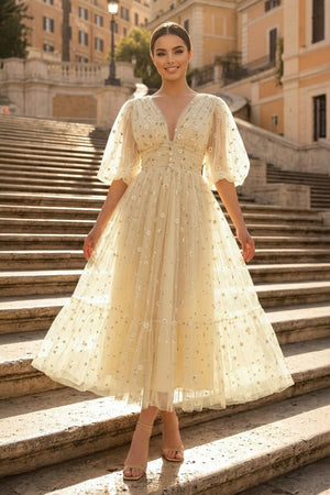 A - line V Neck Sea of Daisies Dress Engagement Ankle Length Half Sleeve Tulle with Buttons Pleats - KissProm