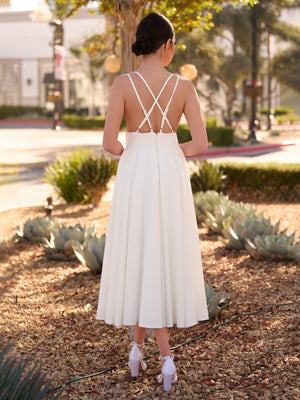 A-Line V-Neck Sleeveless Satin Knee-Length Wedding Dress