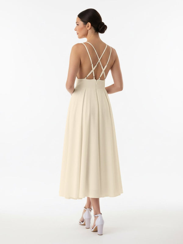 A - Line V - Neck Sleeveless Satin Knee - Length Wedding Dress - KissProm