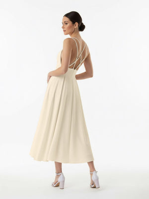 A - Line V - Neck Sleeveless Satin Knee - Length Wedding Dress - KissProm