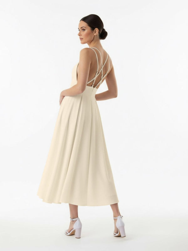 A - Line V - Neck Sleeveless Satin Knee - Length Wedding Dress - KissProm