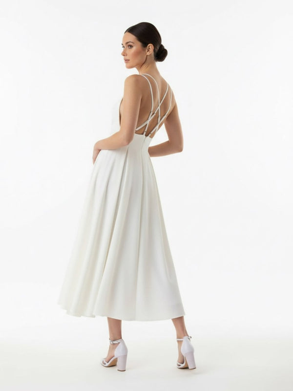 A - Line V - Neck Sleeveless Satin Knee - Length Wedding Dress - KissProm