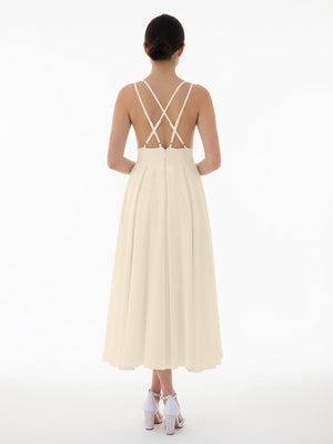A - Line V - Neck Sleeveless Satin Knee - Length Wedding Dress - KissProm