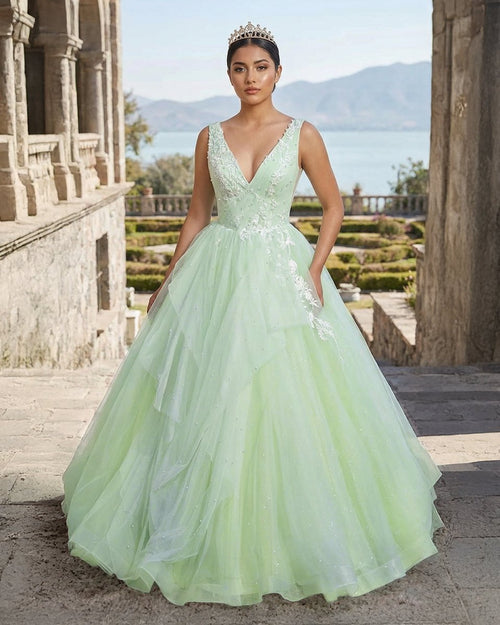 A - Line V Neck Tulle Sage Green Long Prom Quinceanera Dresses - KissProm