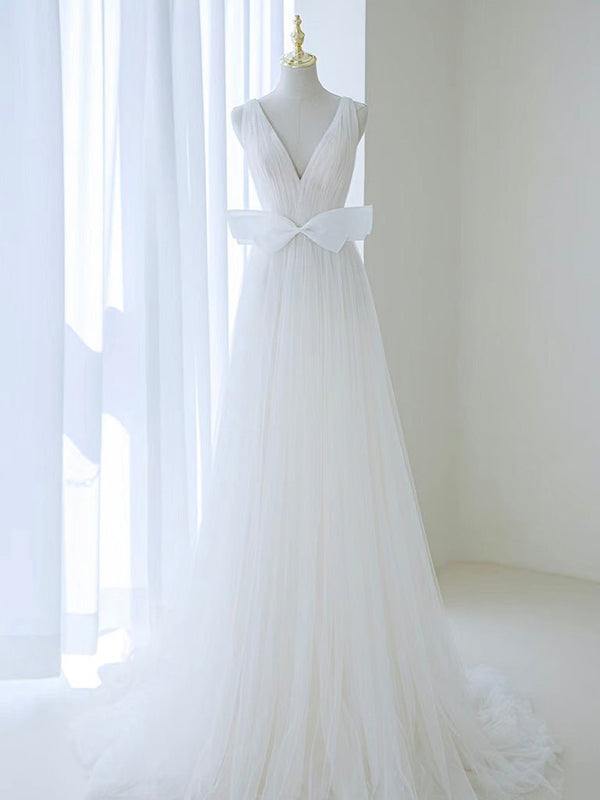 A - Line V Neck White Tulle Long Wedding Dress with Bow - KissProm
