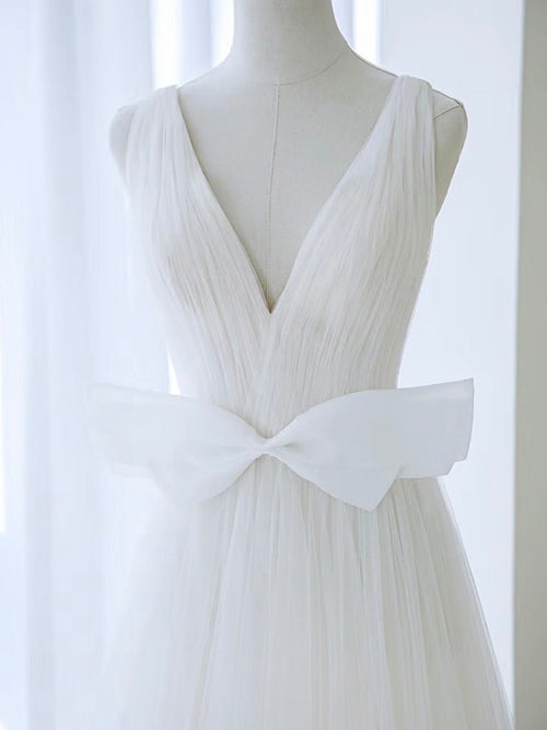 A - Line V Neck White Tulle Long Wedding Dress with Bow - KissProm