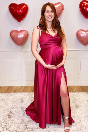 Burgundy Satin Spaghetti Straps A-Line Long Bridesmaid Dress With Slit – Bridesmaid Dresses by KissProm | Available at KissProm