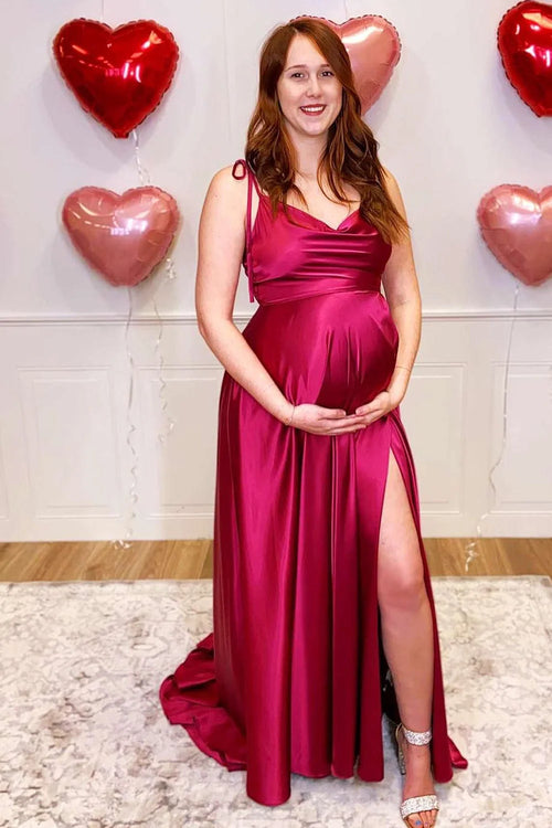 Burgundy Satin Spaghetti Straps A-Line Long Bridesmaid Dress With Slit – Bridesmaid Dresses by KissProm | Available at KissProm