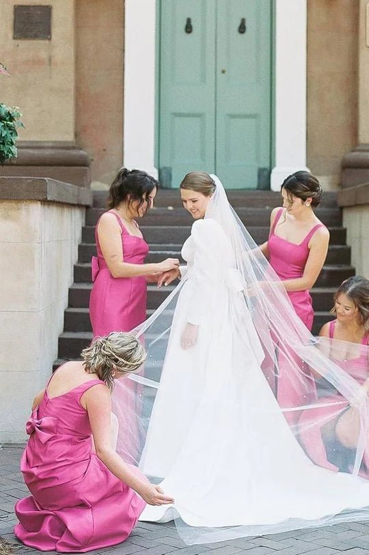 Sheath Square Neck Fuchsia Satin Bridesmaid Dresses with Bow - KissProm