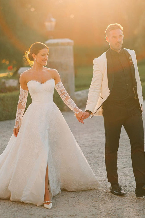 Vintage A-Line Sweetheart White Lace Wedding Dresses with Slit