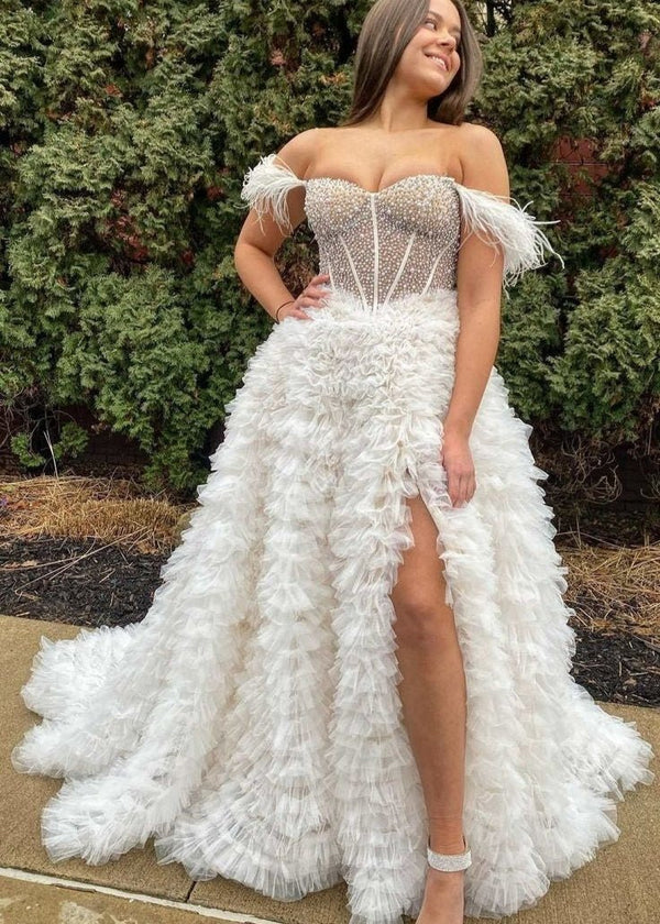 Astrid |A Line Off the Shoulder Tiered Tulle Prom Dress With Slit