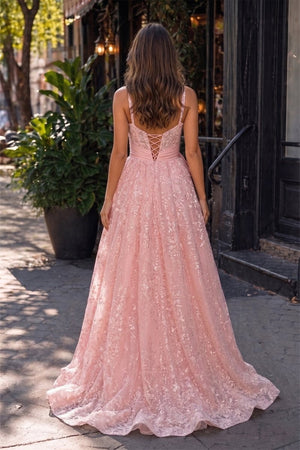 Pink Spaghetti Straps A Line Sequined Lace Long Prom Dresses With Bow - KissProm