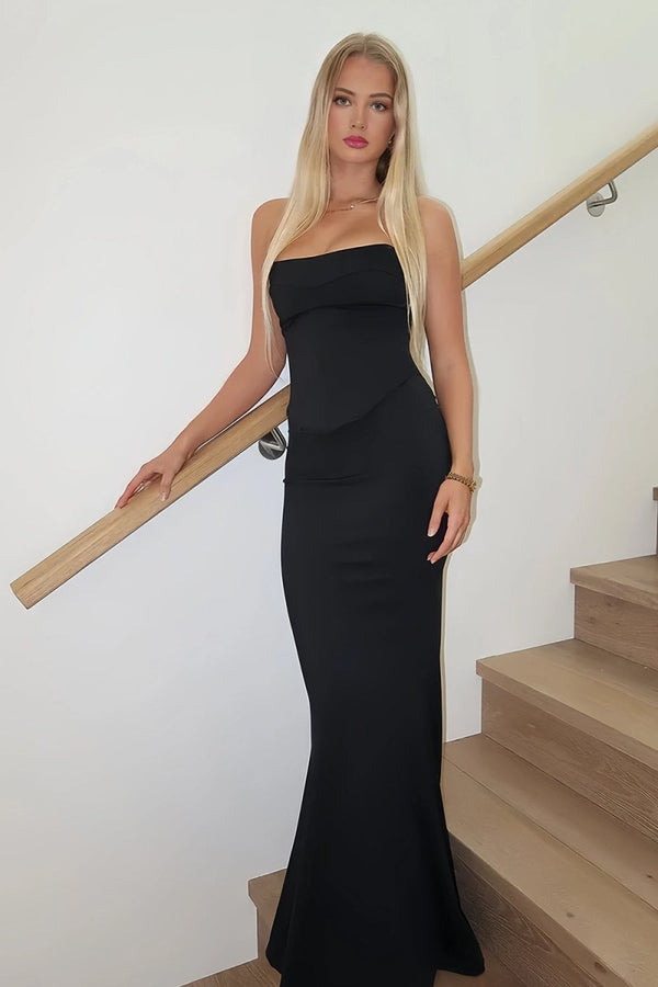 Aegir | Black - Strapless Sleeveless Mermaid Satin Long Prom Dresses - KissProm