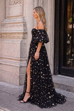 Side Slit Black Prom Dress with Stars - KissProm