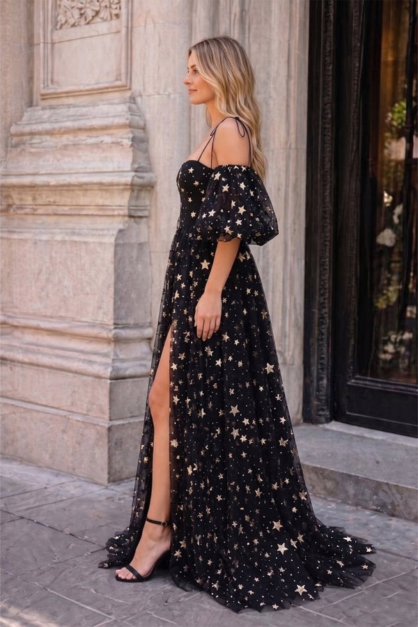 Side Slit Black Prom Dress with Stars - KissProm