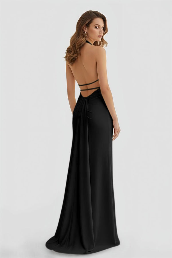 Mermaid Deep Halter Yellow Satin Long Prom Dresses with Slit – Prom Dresses by KissProm | Available at KissProm