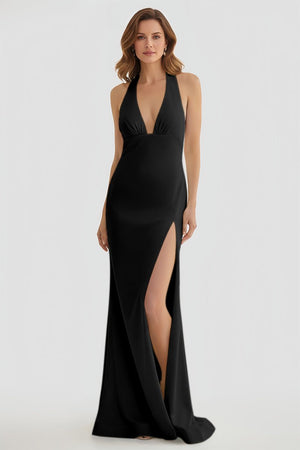 Mermaid Deep Halter Yellow Satin Long Prom Dresses with Slit – Prom Dresses by KissProm | Available at KissProm