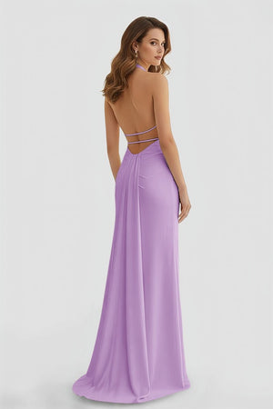 Mermaid Deep Halter Yellow Satin Long Prom Dresses with Slit – Prom Dresses by KissProm | Available at KissProm