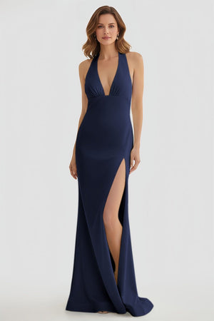Mermaid Deep Halter Yellow Satin Long Prom Dresses with Slit – Prom Dresses by KissProm | Available at KissProm