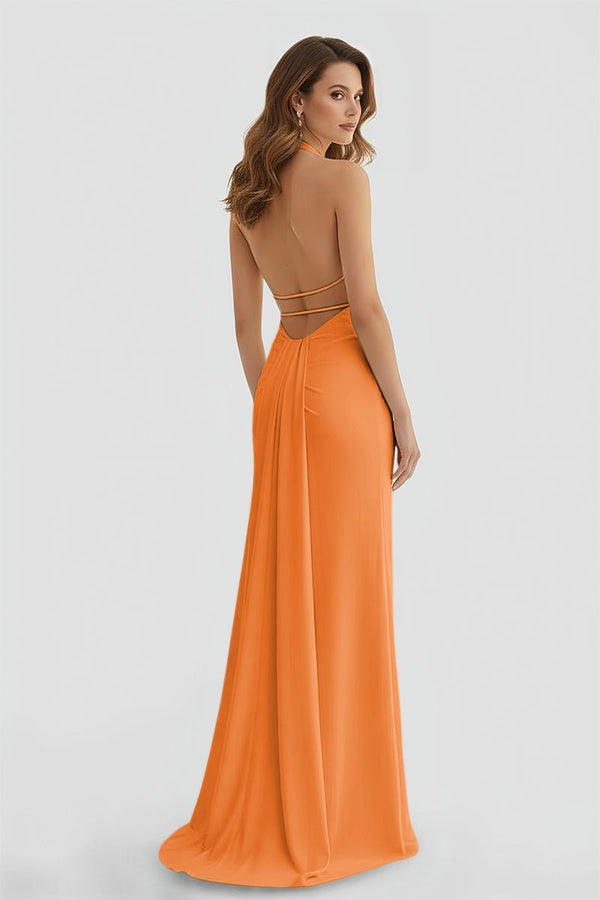 Mermaid Deep Halter Yellow Satin Long Prom Dresses with Slit – Prom Dresses by KissProm | Available at KissProm