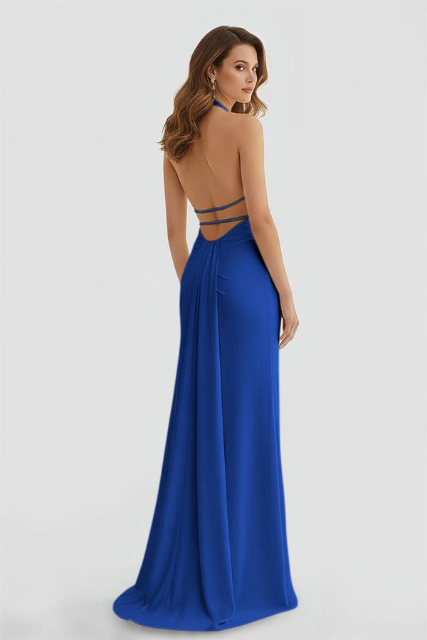 Mermaid Deep Halter Yellow Satin Long Prom Dresses with Slit – Prom Dresses by KissProm | Available at KissProm