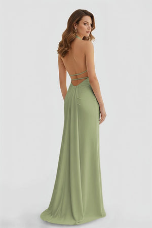 Mermaid Deep Halter Yellow Satin Long Prom Dresses with Slit – Prom Dresses by KissProm | Available at KissProm