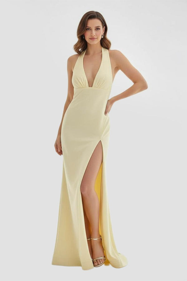 Mermaid Deep Halter Yellow Satin Long Prom Dresses with Slit – Prom Dresses by KissProm | Available at KissProm