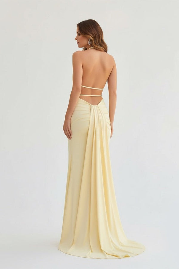 Mermaid Deep Halter Yellow Satin Long Prom Dresses with Slit – Prom Dresses by KissProm | Available at KissProm