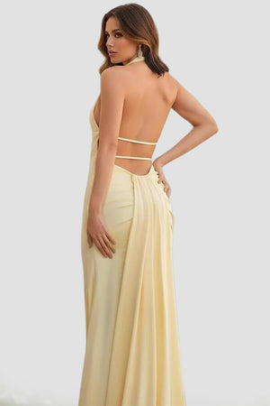 Mermaid Deep Halter Yellow Satin Long Prom Dresses with Slit – Prom Dresses by KissProm | Available at KissProm