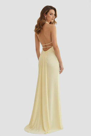 Mermaid Deep Halter Yellow Satin Long Prom Dresses with Slit – Prom Dresses by KissProm | Available at KissProm