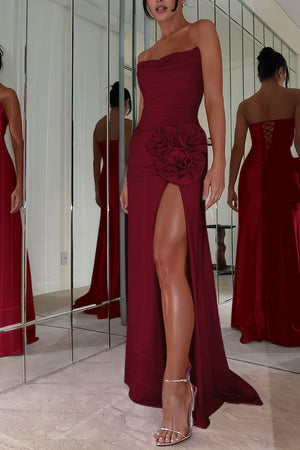 Albine | Burgundy - Strapless Mermaid Chiffon Pleated Long Prom Dresses With Floral - KissProm