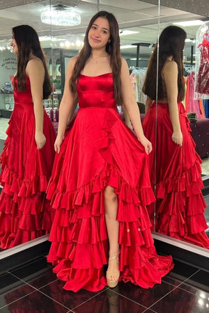 Spaghetti Straps A Line Lace-Up Ruffle Tiered Red Prom Dress with Slit – Prom Dresses by KissProm | Available at KissProm