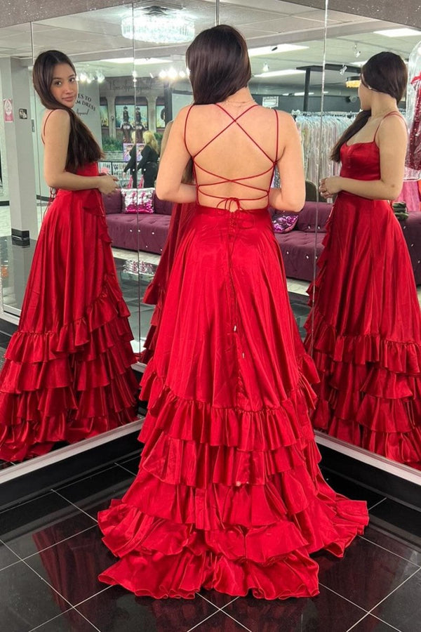 Spaghetti Straps A Line Lace-Up Ruffle Tiered Red Prom Dress with Slit – Prom Dresses by KissProm | Available at KissProm