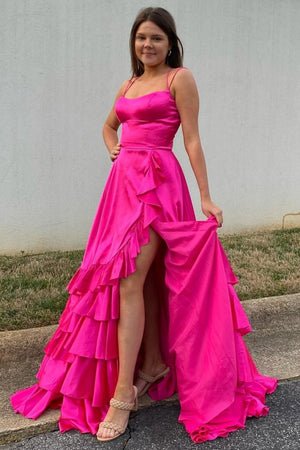 Spaghetti Straps A Line Lace-Up Ruffle Tiered Red Prom Dress with Slit – Prom Dresses by KissProm | Available at KissProm