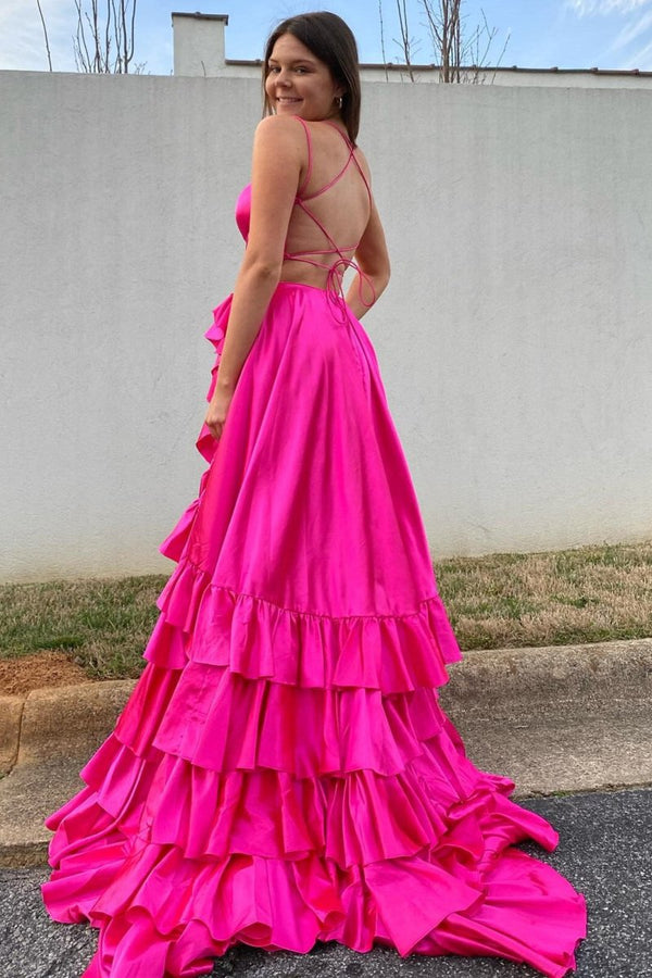 Spaghetti Straps A Line Lace-Up Ruffle Tiered Red Prom Dress with Slit – Prom Dresses by KissProm | Available at KissProm