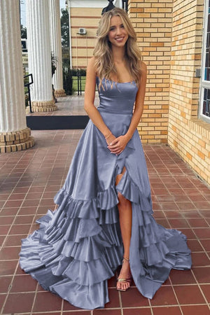 Spaghetti Straps A Line Lace-Up Ruffle Tiered Red Prom Dress with Slit – Prom Dresses by KissProm | Available at KissProm