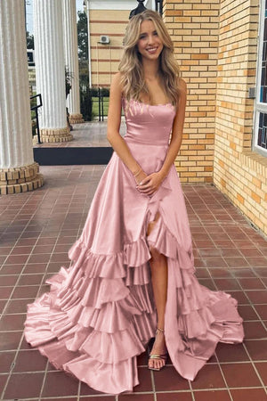 Spaghetti Straps A Line Lace-Up Ruffle Tiered Red Prom Dress with Slit – Prom Dresses by KissProm | Available at KissProm