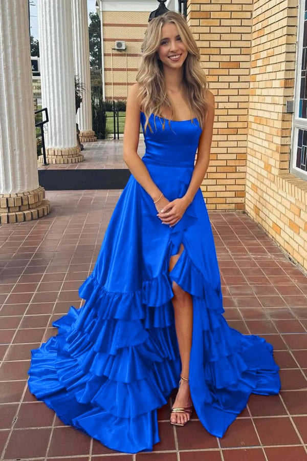 Spaghetti Straps A Line Lace-Up Ruffle Tiered Red Prom Dress with Slit – Prom Dresses by KissProm | Available at KissProm