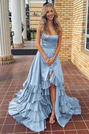 Spaghetti Straps A Line Lace-Up Ruffle Tiered Red Prom Dress with Slit – Prom Dresses by KissProm | Available at KissProm