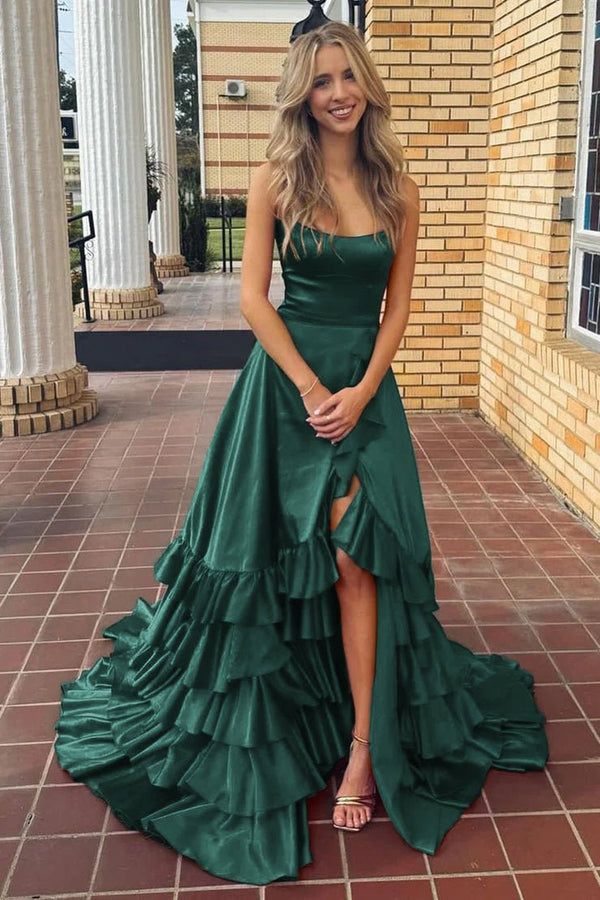 Spaghetti Straps A Line Lace-Up Ruffle Tiered Red Prom Dress with Slit – Prom Dresses by KissProm | Available at KissProm