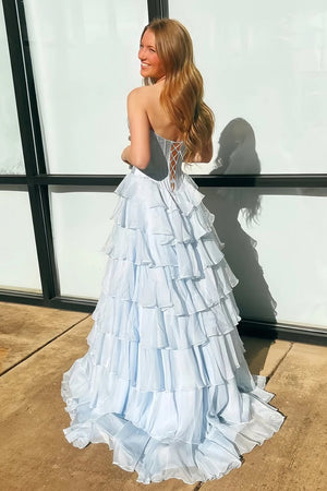 KissProm-Allinia Sky Blue Sweetheart A Line Chiffon Ruffled Long Formal Prom Dresses With Beading