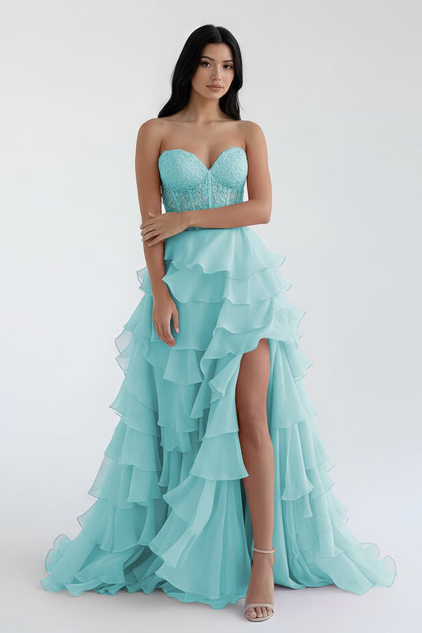 Royal Blue Chiffon Sweetheart Ruffle Tiered Long Prom Dress – Prom Dress by Kissprom | Available at KissProm