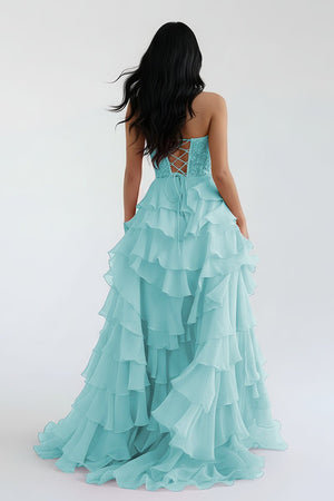 Royal Blue Chiffon Sweetheart Ruffle Tiered Long Prom Dress – Prom Dress by Kissprom | Available at KissProm