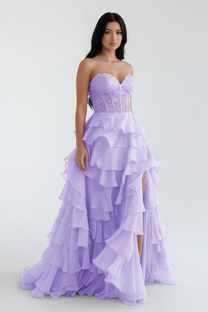 Royal Blue Chiffon Sweetheart Ruffle Tiered Long Prom Dress – Prom Dress by Kissprom | Available at KissProm